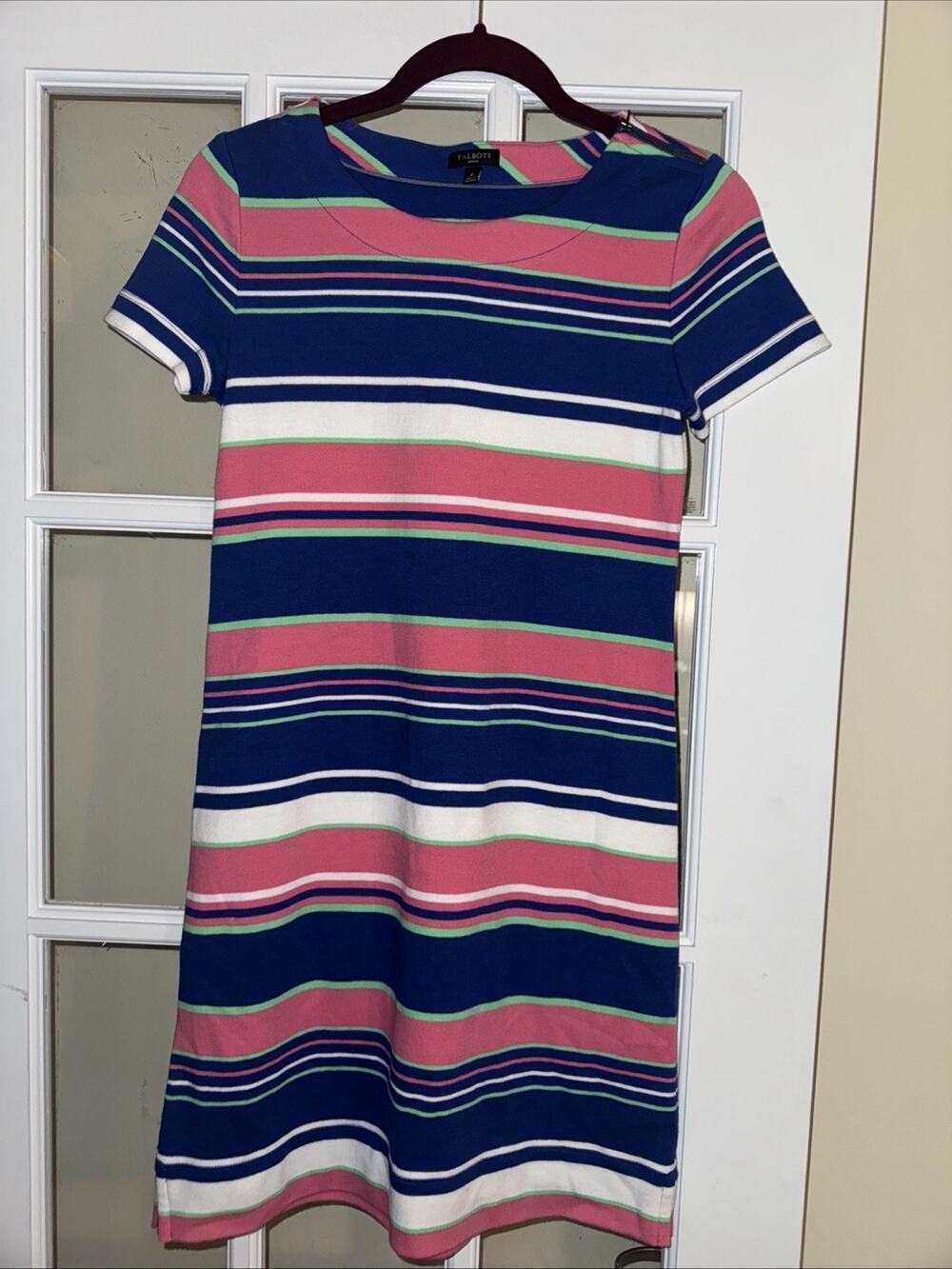 Talbots Petites P short sleeve blue/pink pullover knee length shirt dress